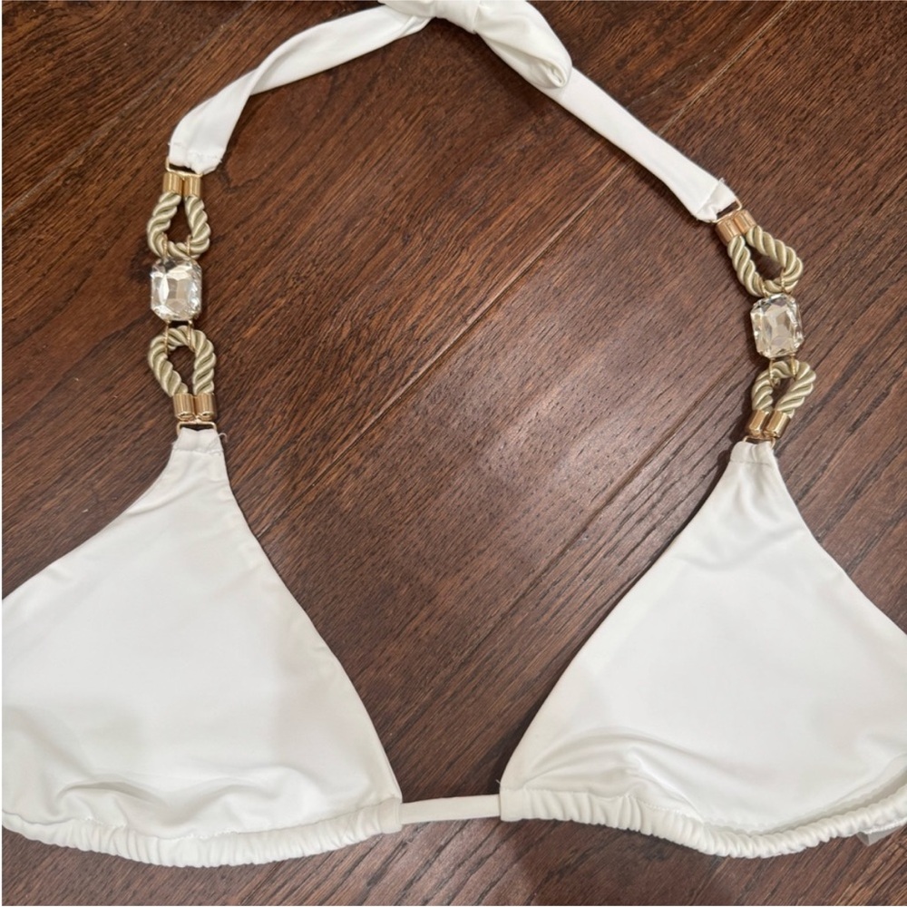 Beach Bunny White Halter Swim Bra with Gold Accents.
Top only